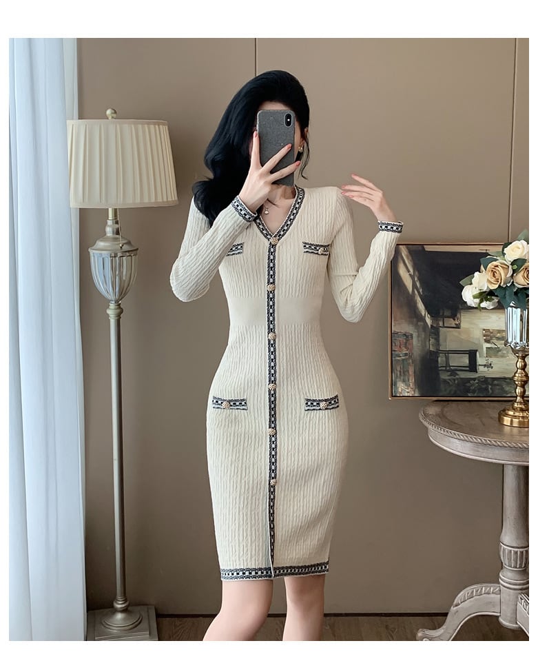 【dress】Vネックニットワンピース　M25364