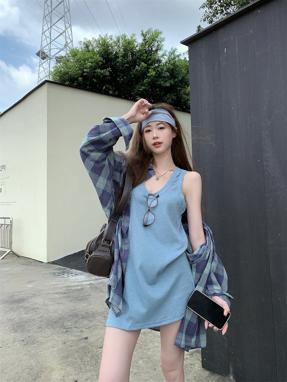 【set】ノースリーブトップス×チェック柄シャツセット　M25109