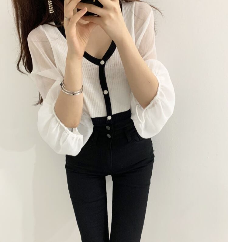 【tops】Vネック ランタンスリーブ切り替えトップスニット G15684