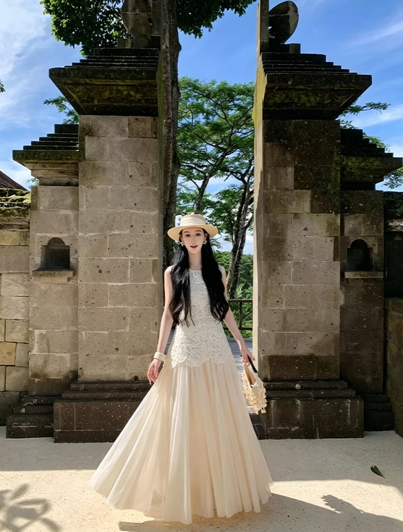 【dress】ノースリーブレースドッキングロングワンピース Q8466
