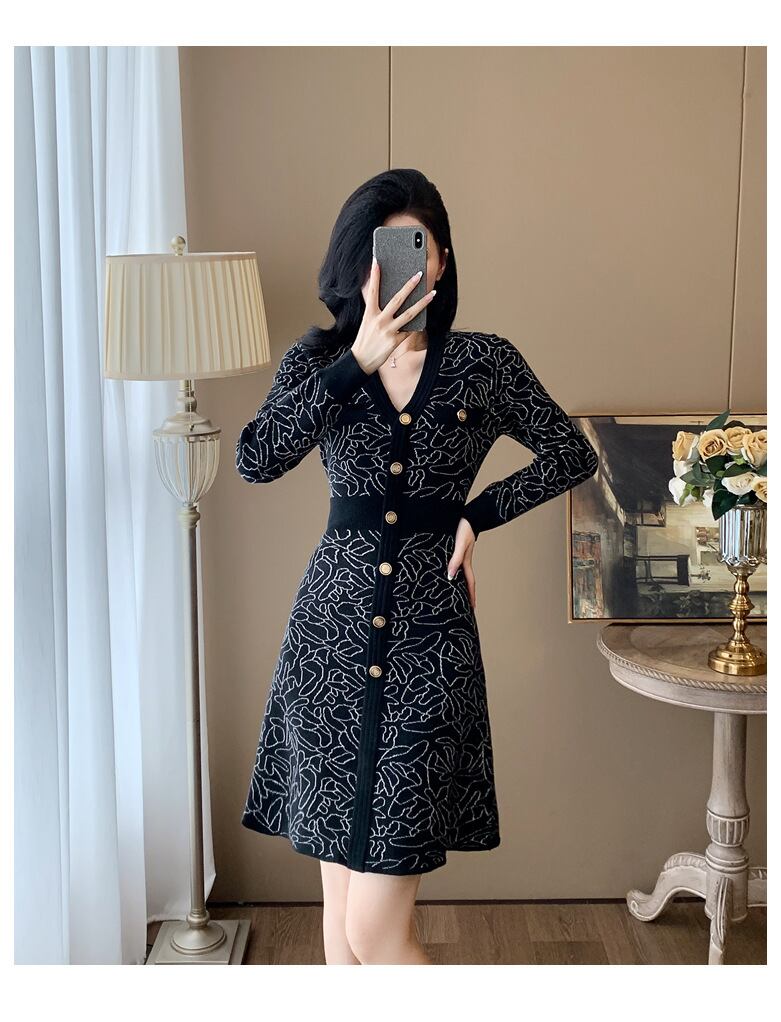 【dress】ジャカードVネックニットワンピース　M27683