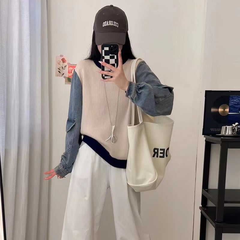 【tops】デニム袖ドッキングセーター Q6372
