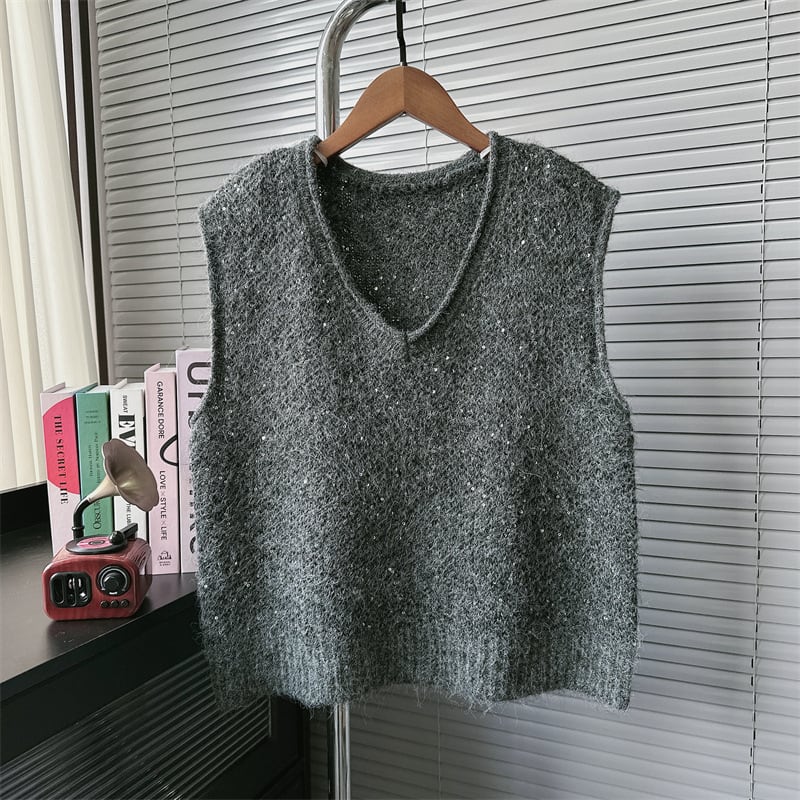 【tops】スパンコールニットベスト　M29540