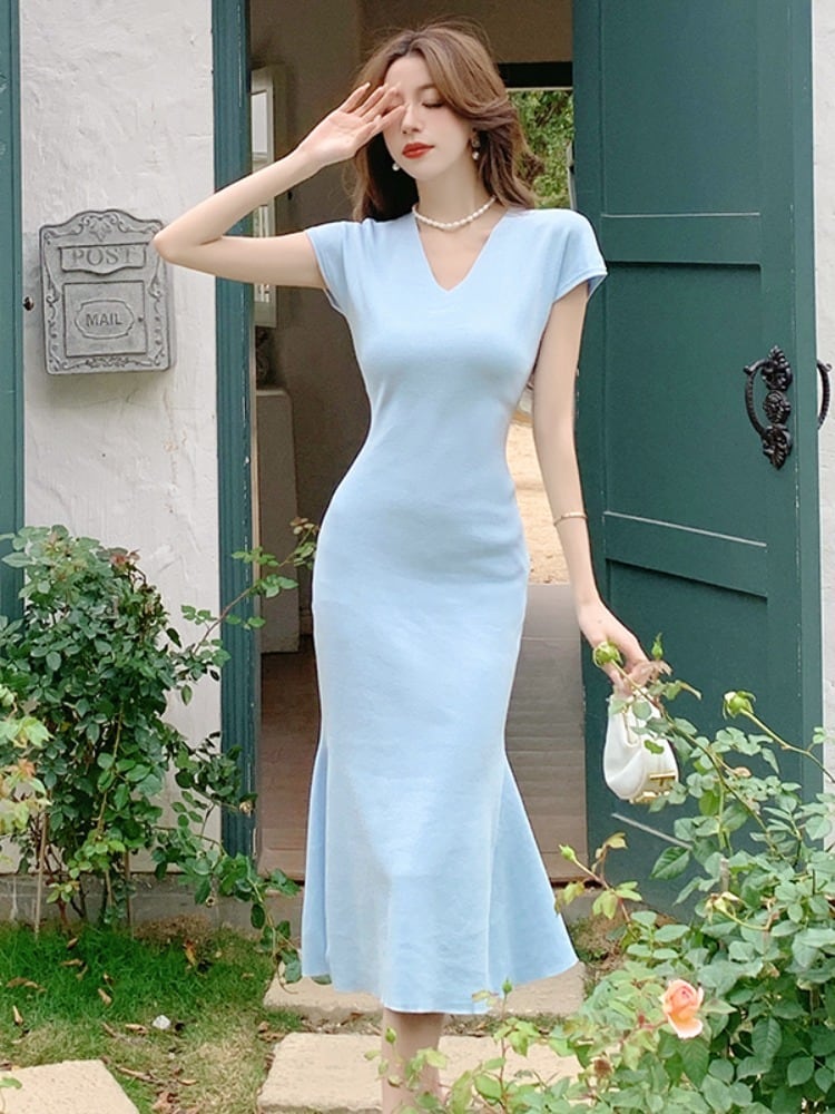 【dress】VネックマーメイドニットワンピースF7441