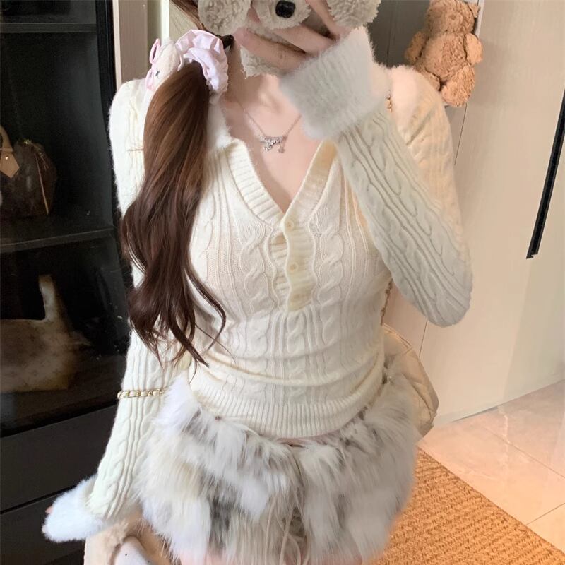 【tops】ファードッキングニットトップス Q7627
