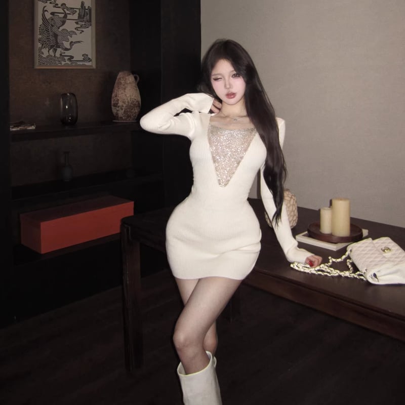【dress】チェンドッキングニットワンピース Q8138