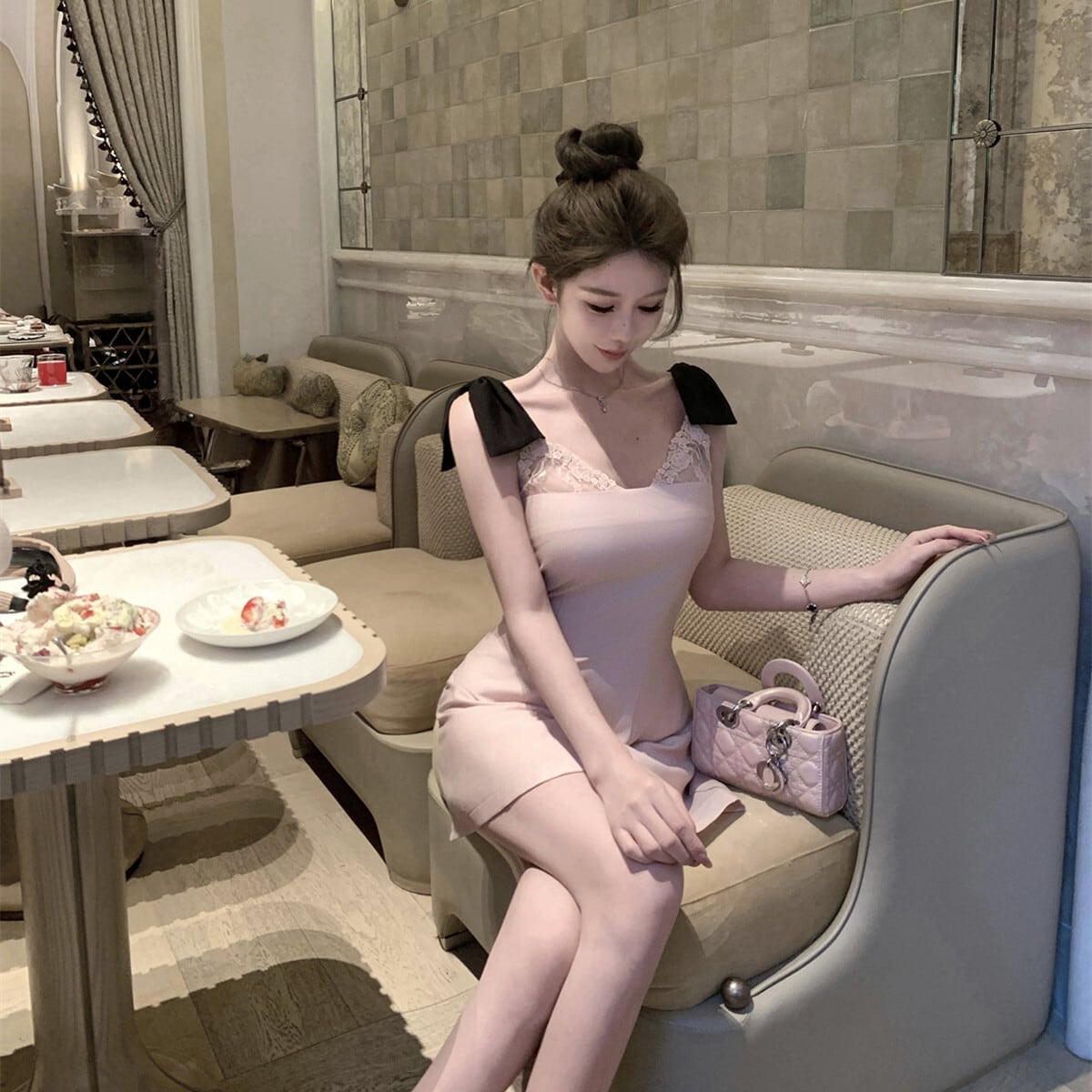 【dress】ショルダーリボンレースミニワンピース　N3129