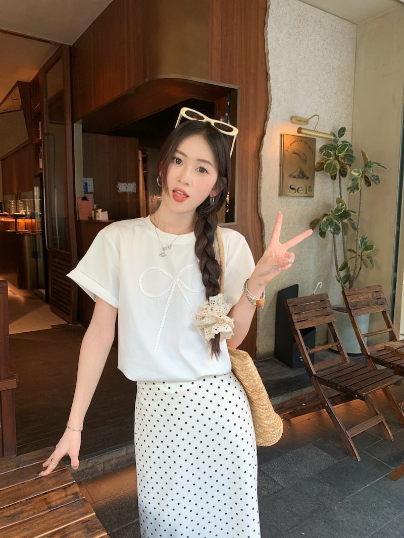 【set】Tシャツ×ドット柄スカートセット　M24227