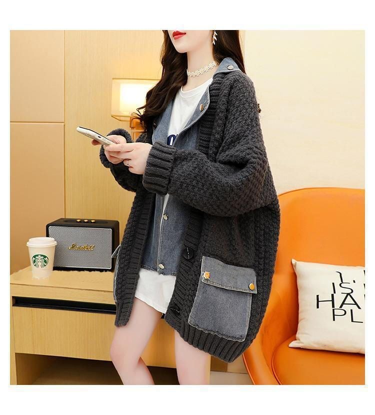【outer】デニム切り替えニットカーデ　M29156