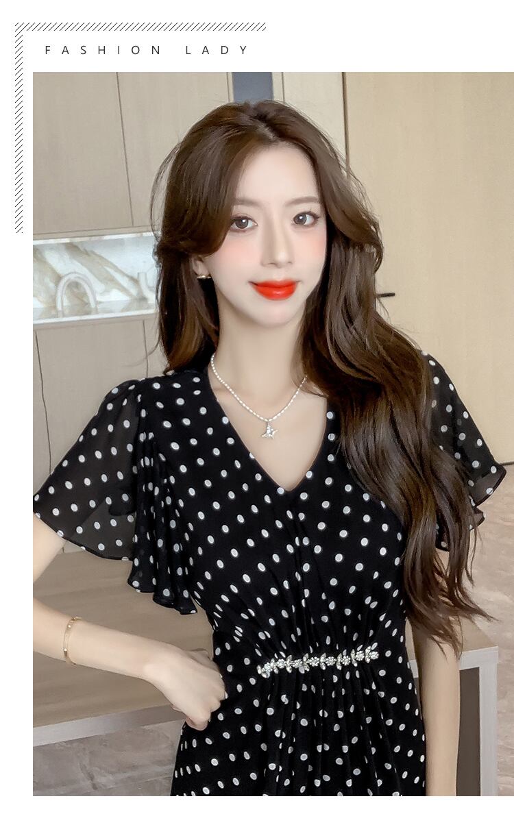 【dress】フランス風体型カバードット柄スリットワンピース G15210