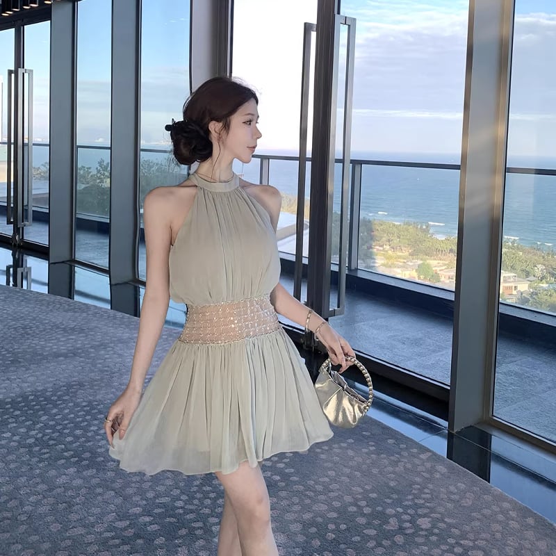 【dress】ビーズ付きノースリーブチュールミニワンピース Q8406
