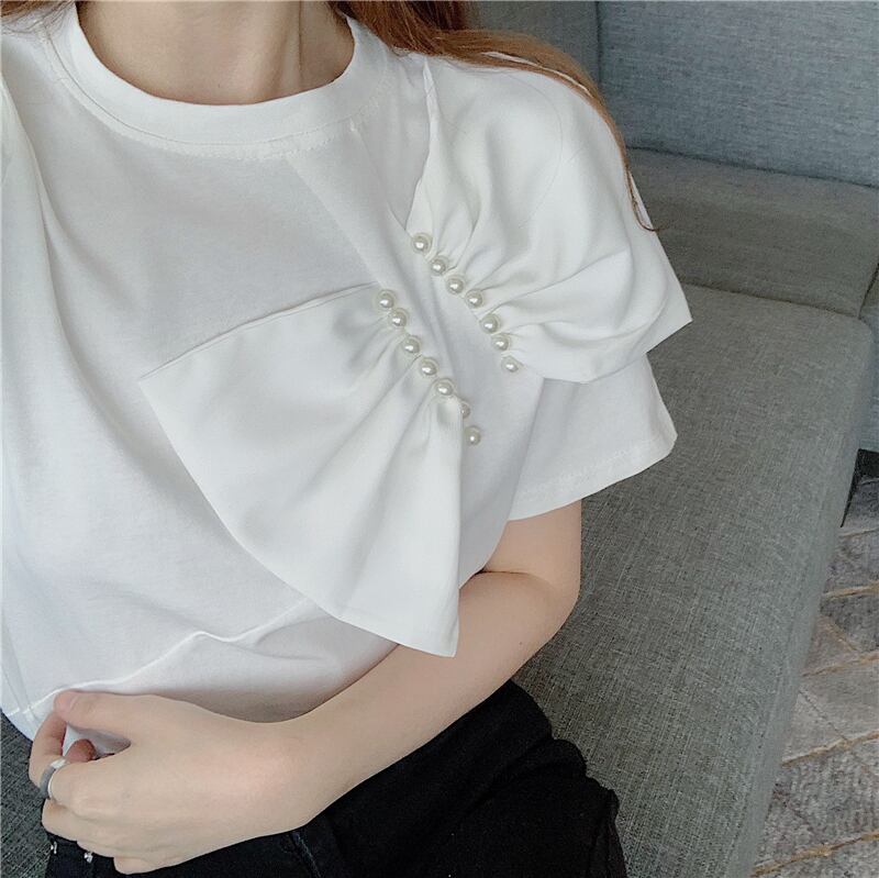 【tops】女性力を高める〜ラウンドネック半袖蝶々結び無地ゆったり着回しTシャツ