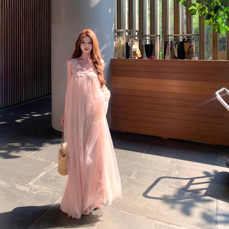 【dress】レースドッキングワンショルダーロングワンピース Q8444