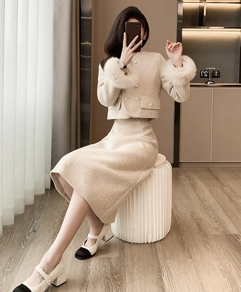 【set】袖ファーコート×ロングスカートセット Q7415