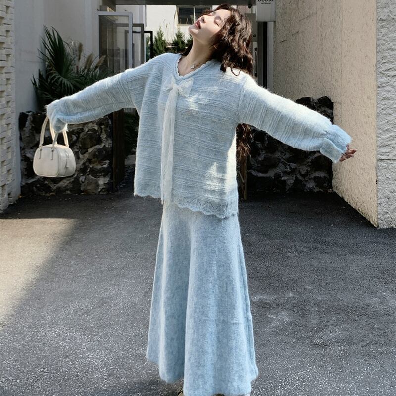 【set】レースリボン付きニットトップス×ロングスカートセット Q8226