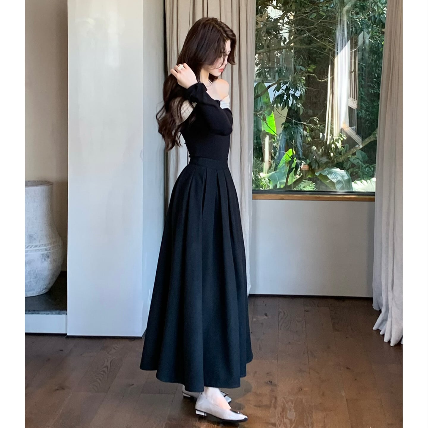 【set】オフショルニットトップス×ロングスカートセット     N3461