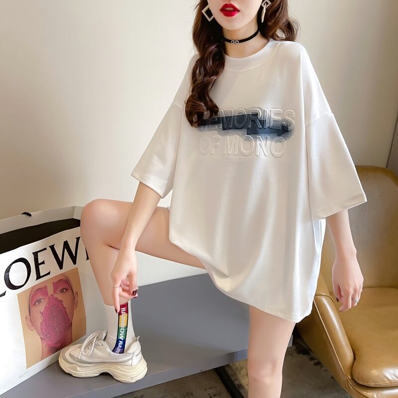 【tops】ラウンドネック半袖ゆったり着回し英字柄配色TシャツF0054