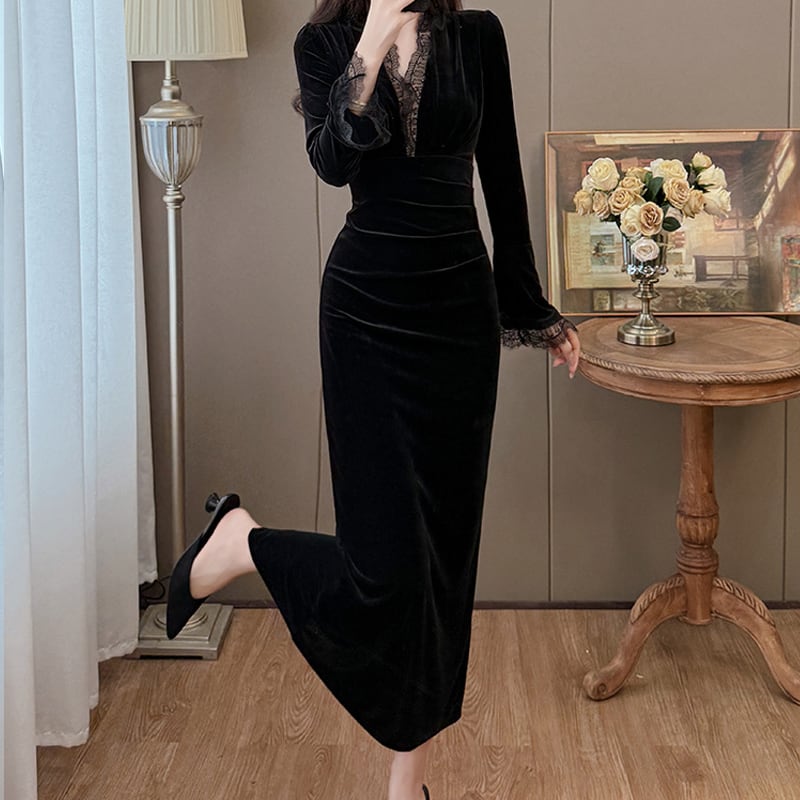 【dress】レースドッキングベルベットワンピース Q7496