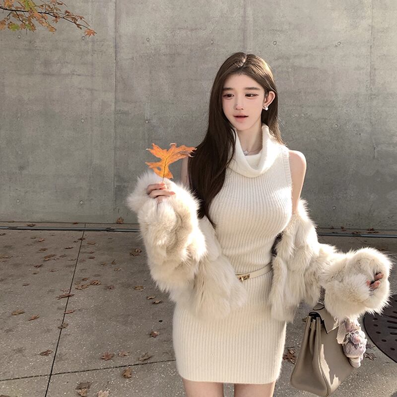 【dress】ベルト付きハイネックノースリーブニットワンピース Q7640