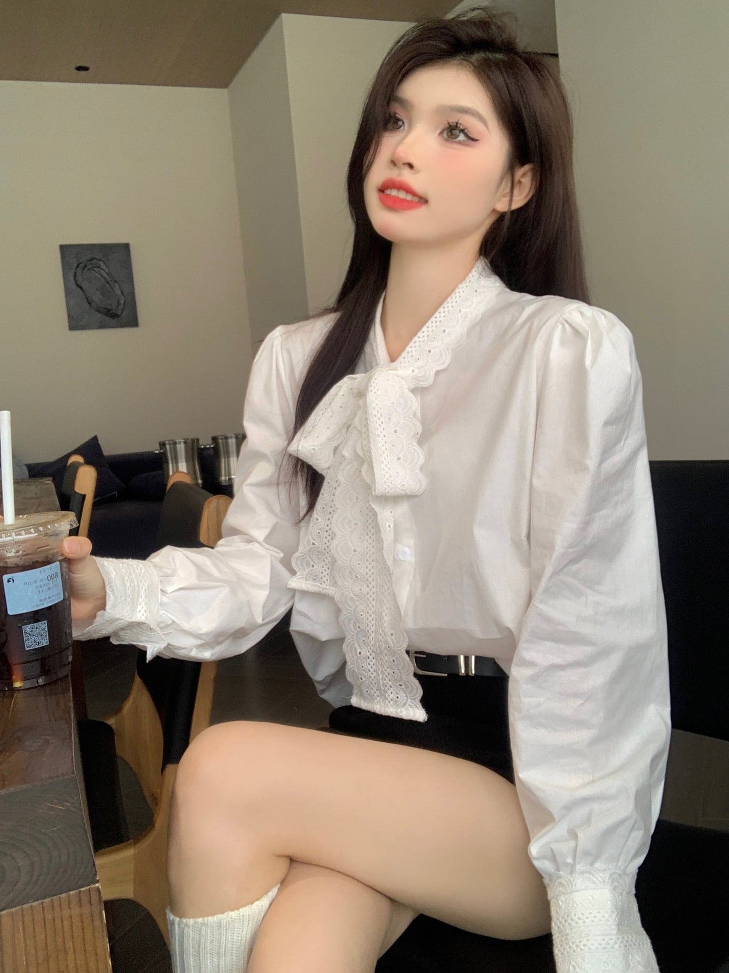 【tops】レース切り替えシャツブラウス　M29816