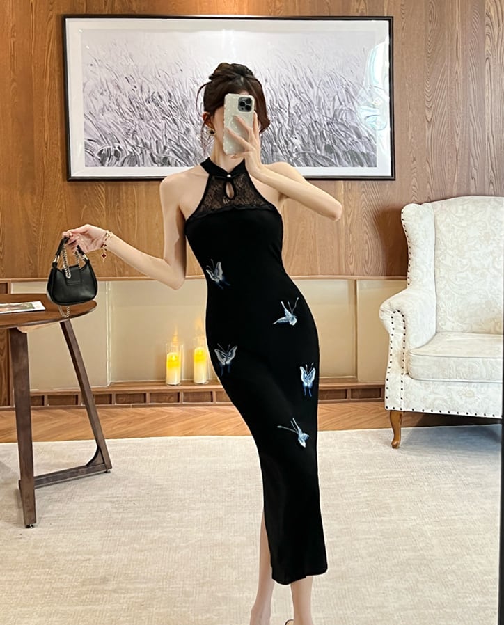 【dress】蝶柄ノースリーブロングワンピース Q8188