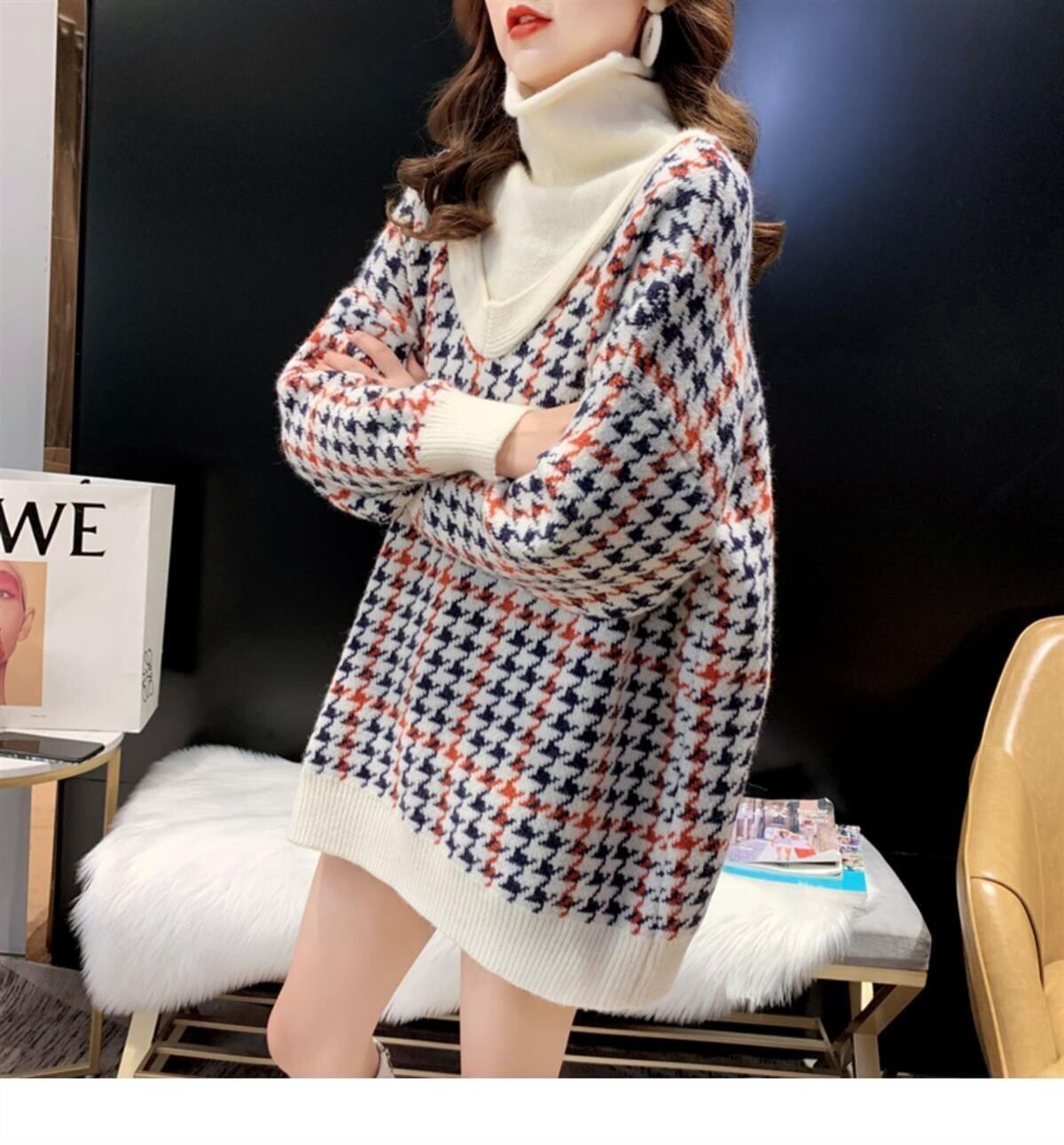 【tops】美人度アップ!韓国系ハイネック偽二つ切り替え秋冬ゆったりルーズ厚手セーター G3658