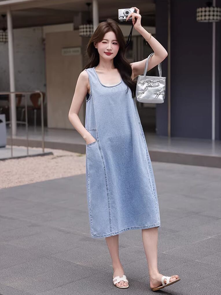 【dress】デニムロングベストワンピース Q8422