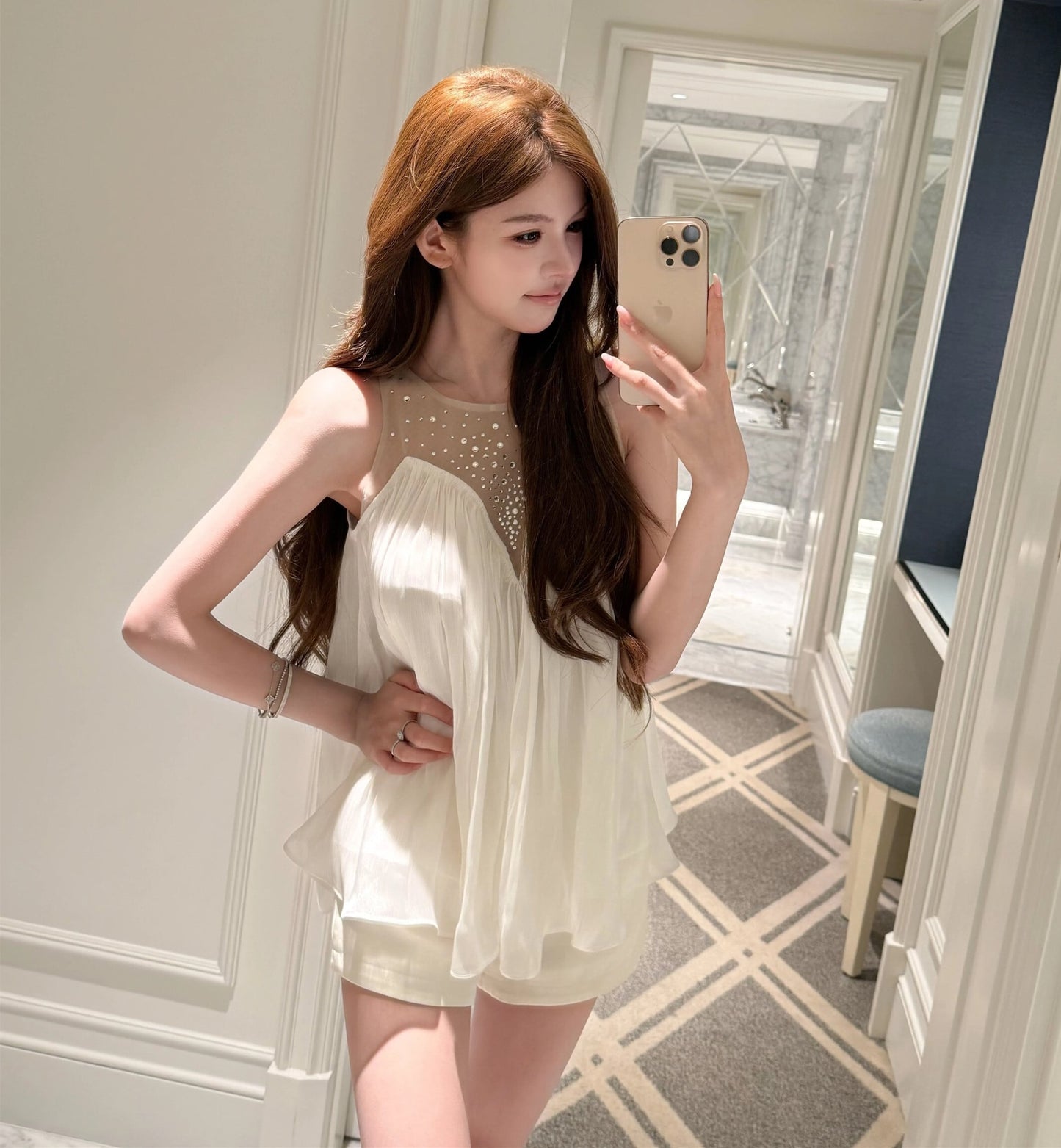 【tops】ラインストーン付きチュールドッキングトップス Q8376