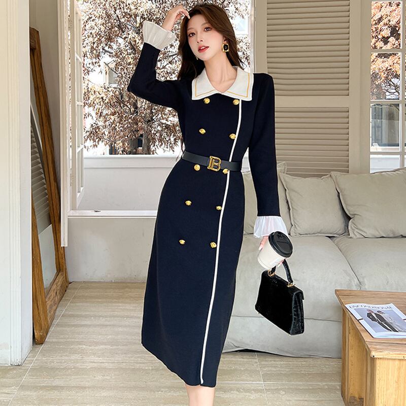 【dress】レースドッキングニットワンピース Q7584