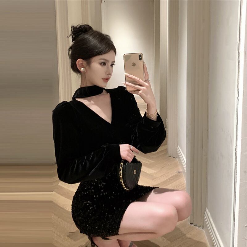 【dress】Vネック長袖スパンコールワンピース G18923