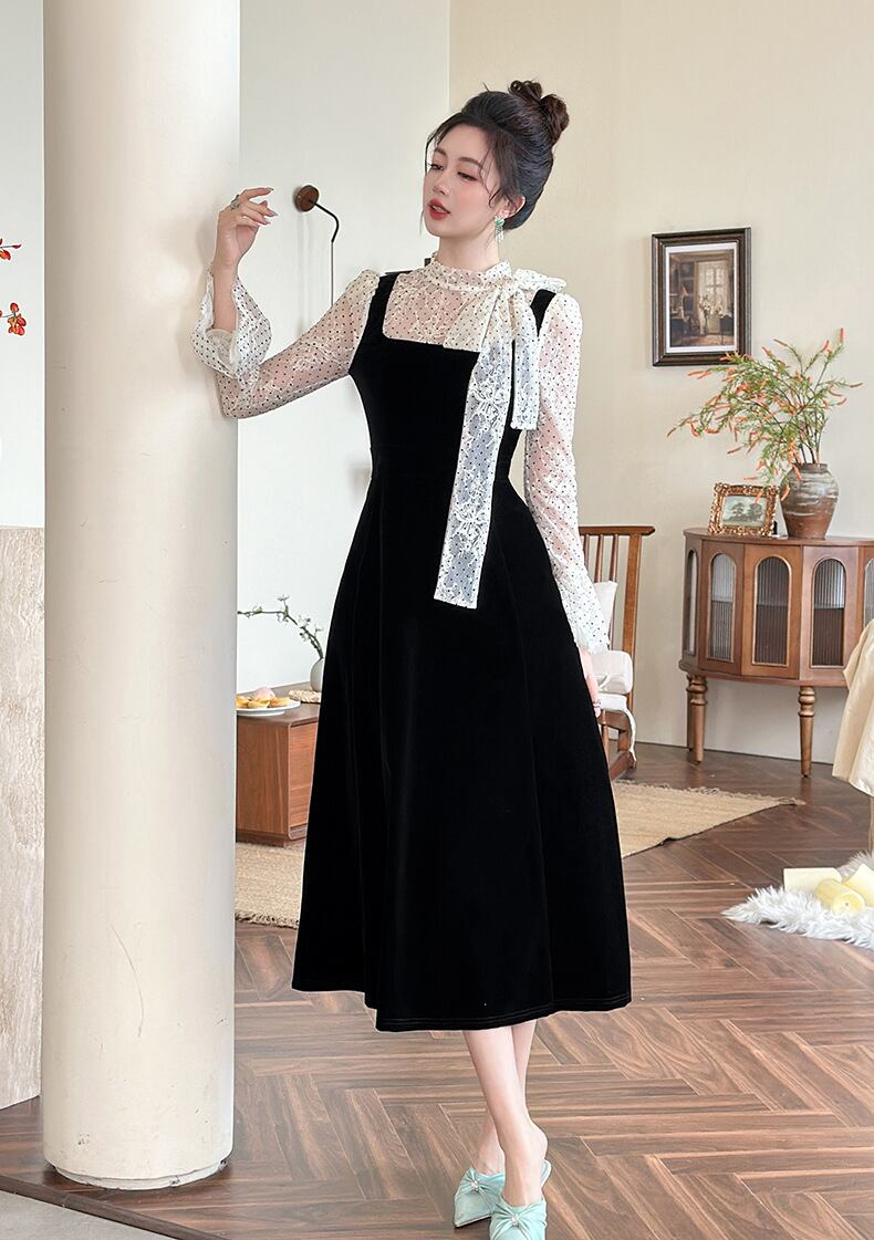 【dress】ドット柄チュールドッキングベルベットワンピース Q7365