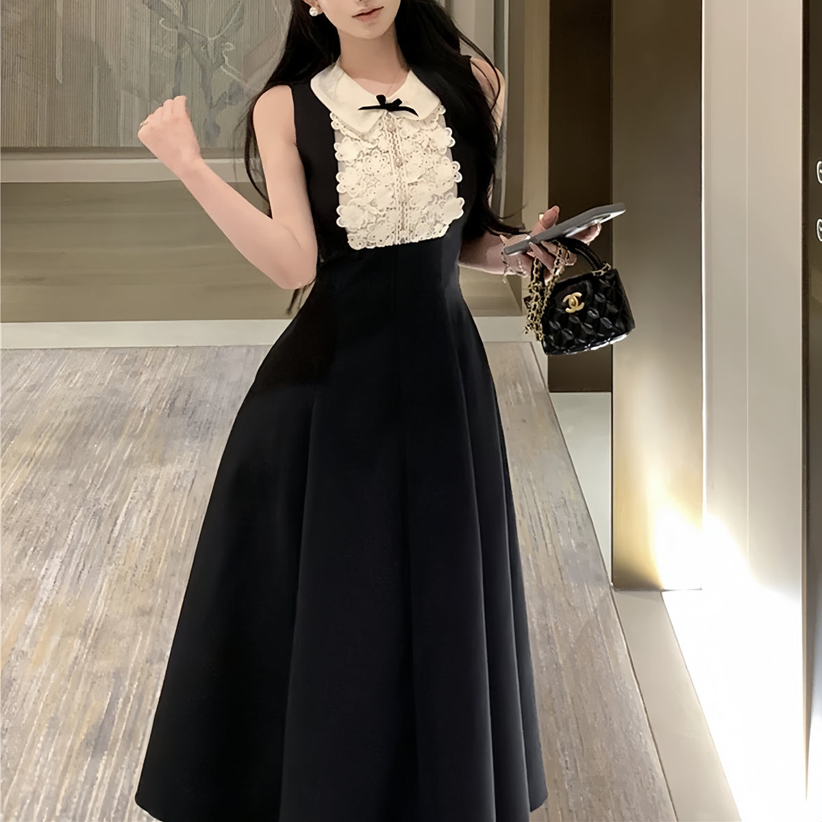 【dress】ノースリーブレースドッキングワンピース　M31116
