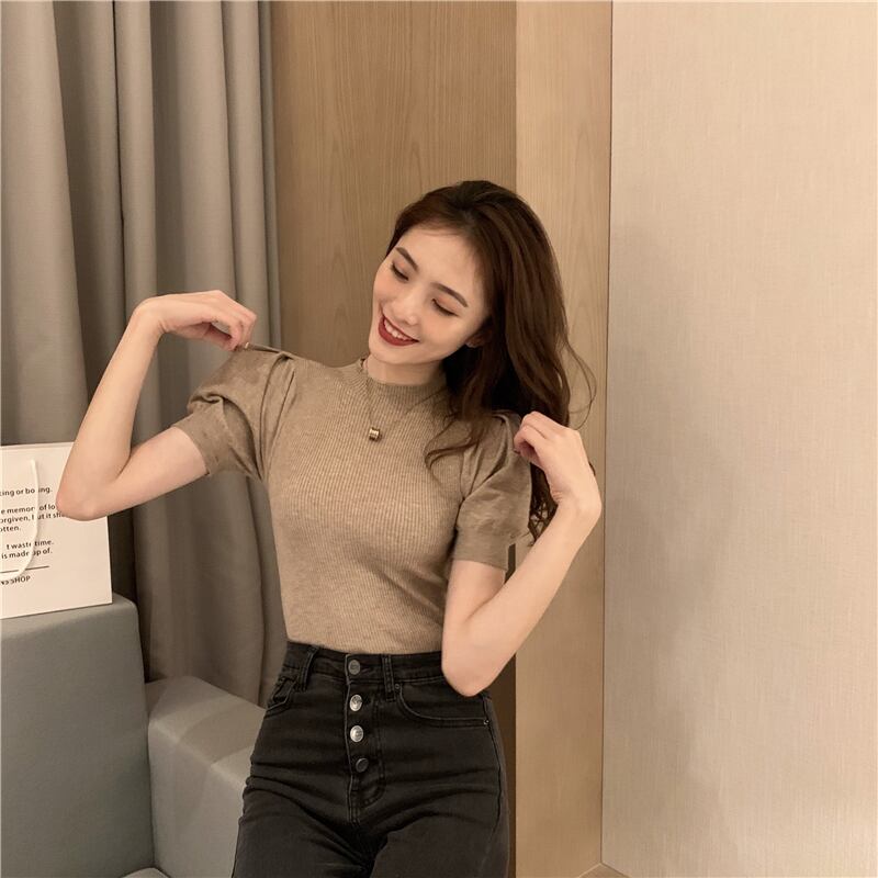 【tops】好感度UPラウンドネック半袖着やせファッションニットTシャツF0100