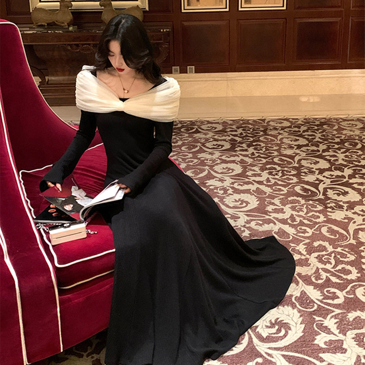 【dress】チュールドッキングニットワンピース　N3460