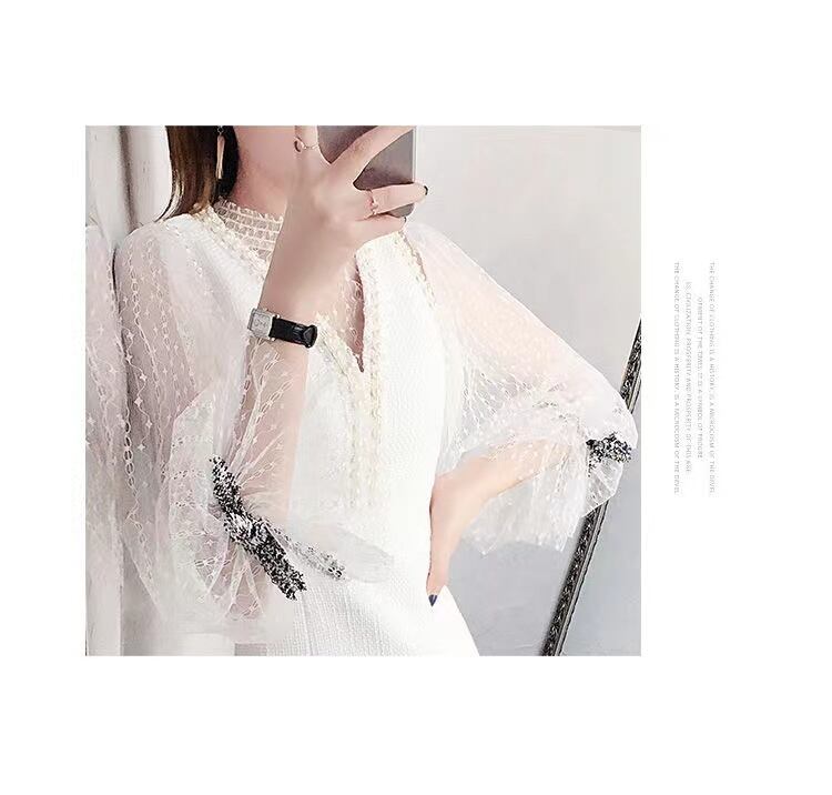 【set】一目惚れ！長袖ラッパ袖レーストップス+Vネック体型カバーベストOL通勤セットアップF1553