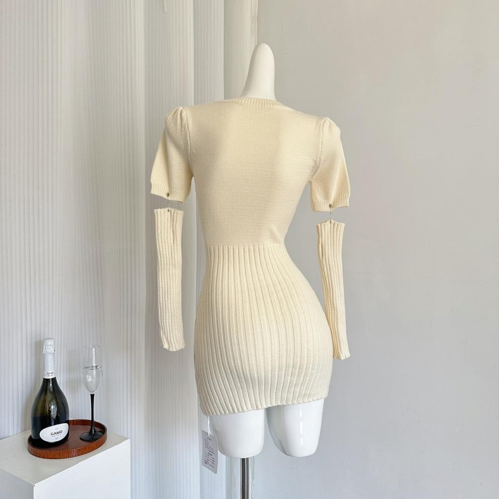 【dress】パールリボン付きニットワンピースアームカバー付き　M27726