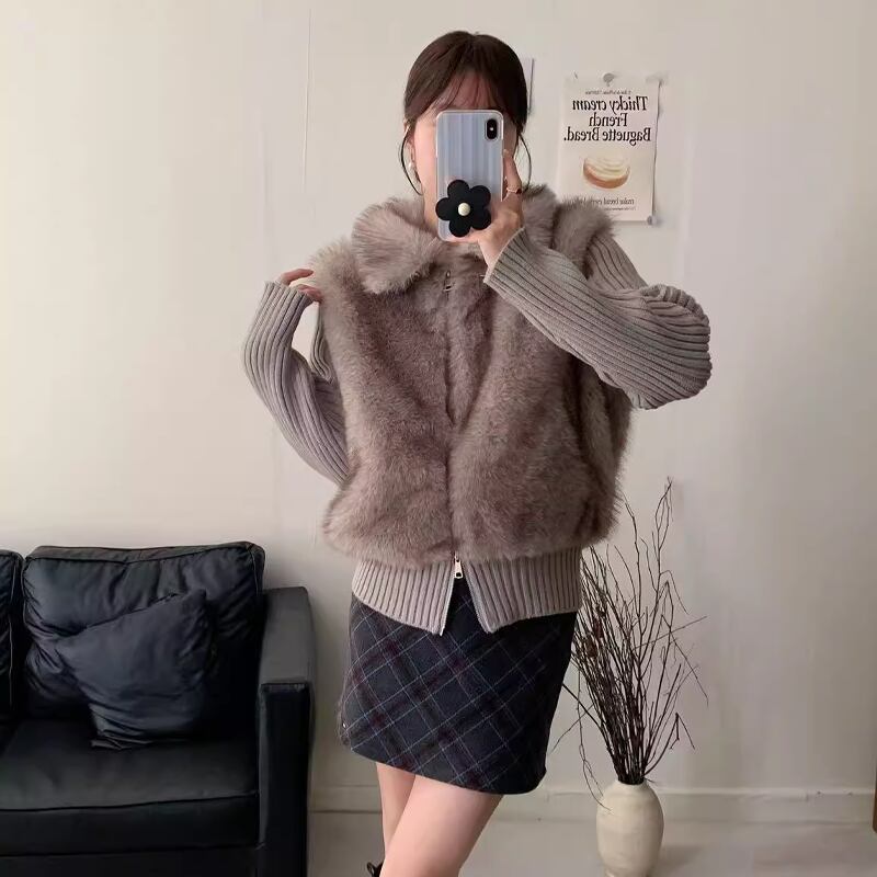 【outer】ファー付きフェイクレイヤードニットカーディガン Q7568