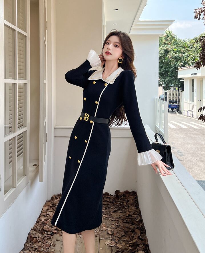 【dress】レースドッキングニットワンピース Q7584