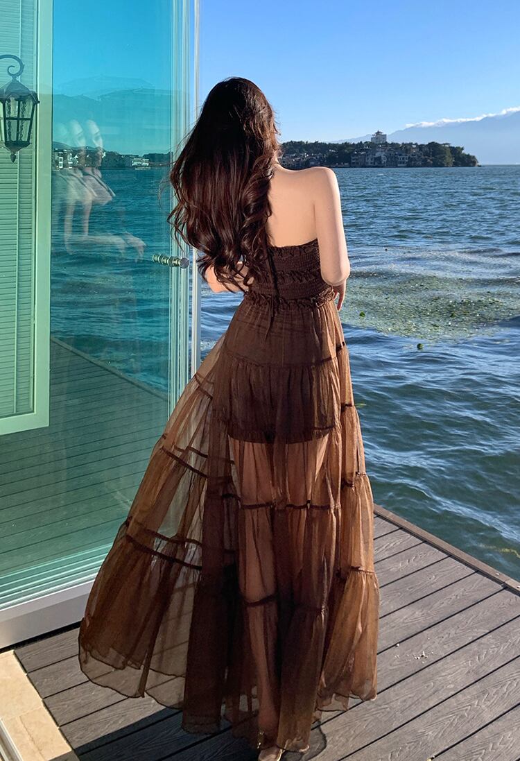 【dress】ホルターネックシアーチュールロングワンピース Q8483