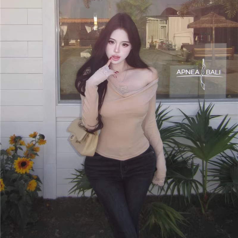 【tops】レースドッキングドレープドネックトップス Q8447
