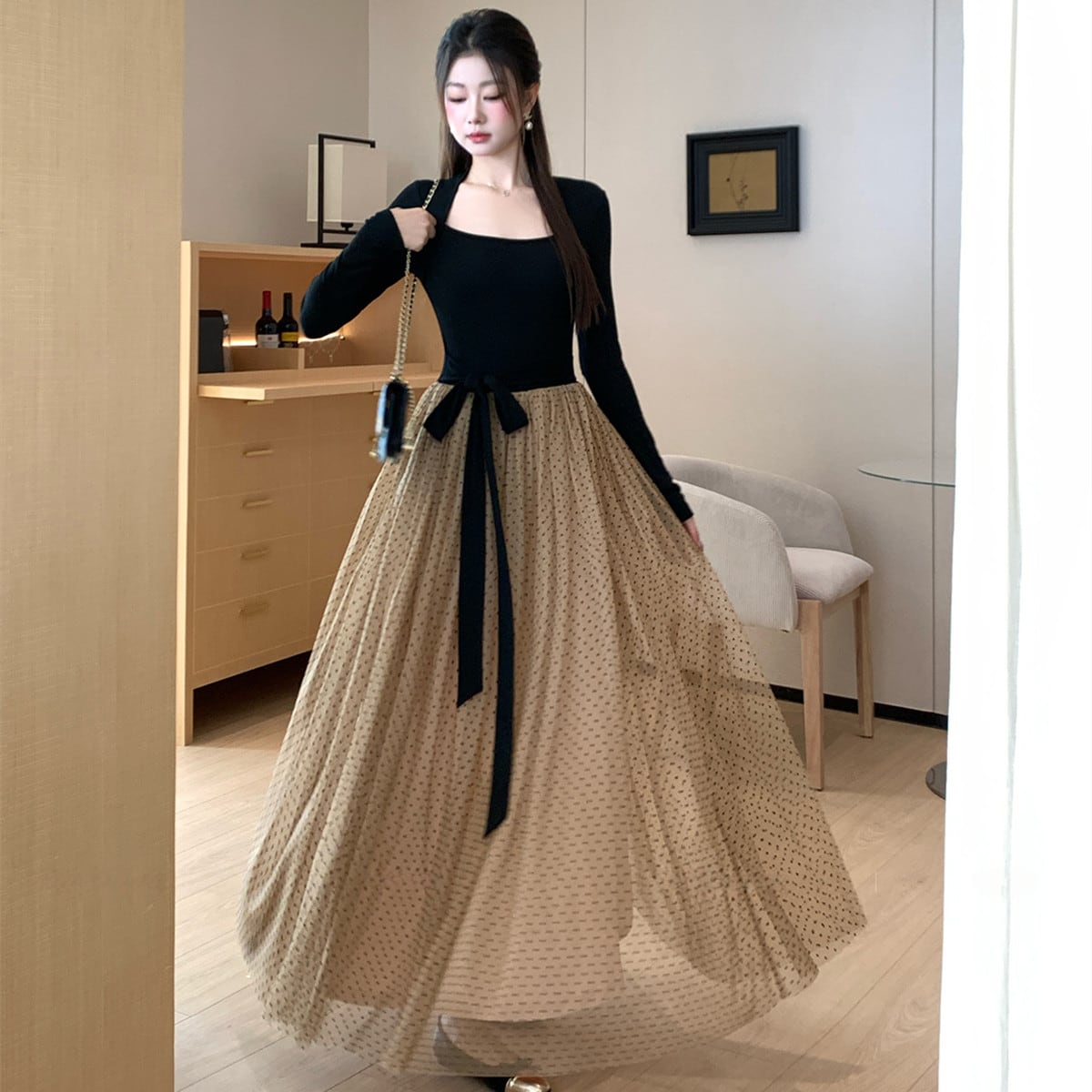 【dress】チュールドッキングロングワンピース　N3439