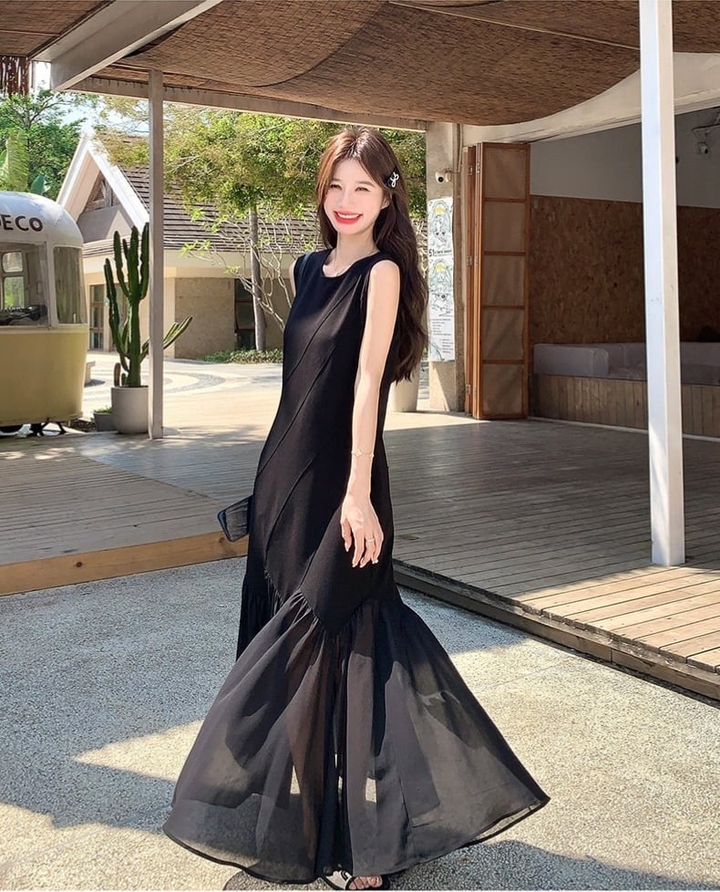 【dress】チュールドッキングロングワンピース　K0554