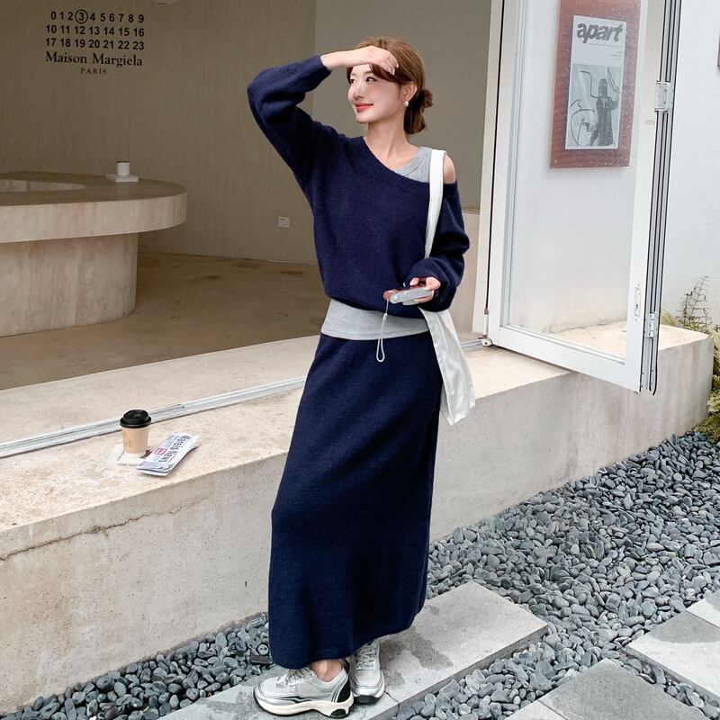 【set】キャミ×ニットトップス×ロングスカート3点セット Q6974