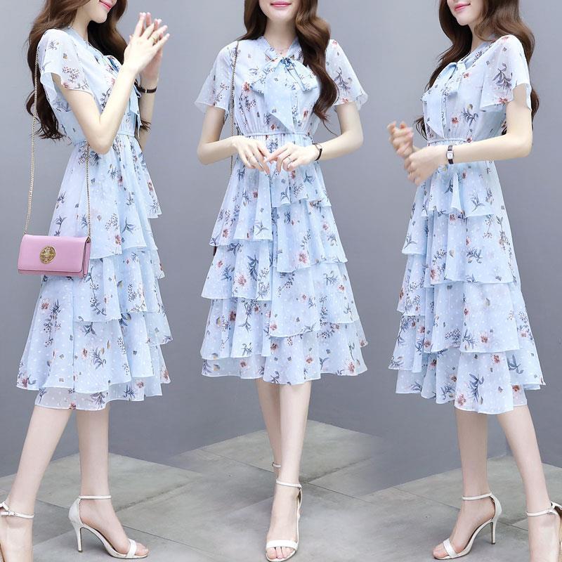 【dress】清新スウィート〜タイカラーフレアスリーブ韓国風ギャザー花柄ワンピースF0296