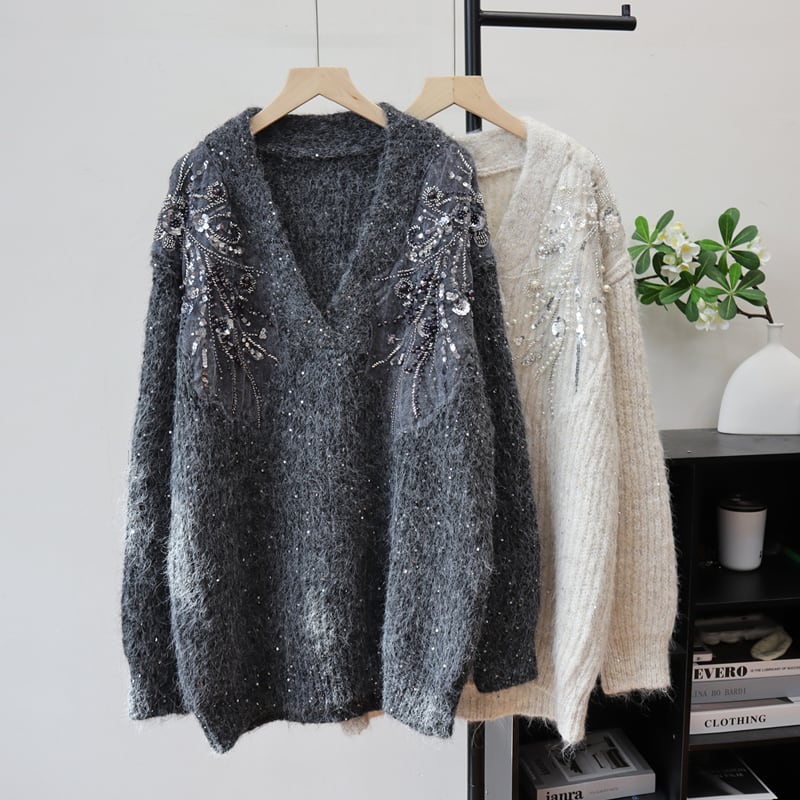 【tops】Vネックスパンコール付きニットトップス Q7436