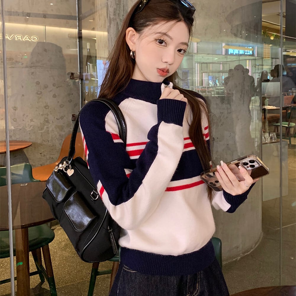 【tops】配色ニットトップス　M27196