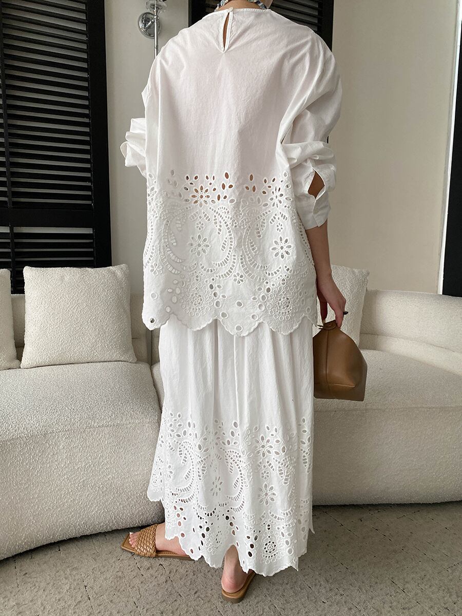 【set】アイレットレーストップス×ロングスカートセット Q8399