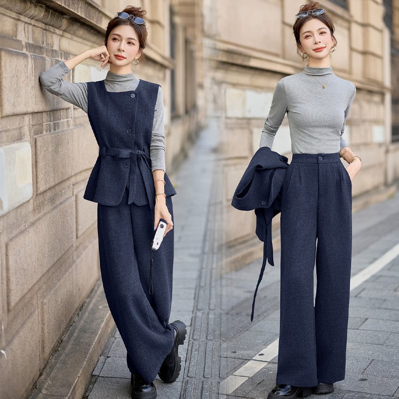 【set】ベスト×ハイネックトップス×ワイドパンツ3点セット Q6976