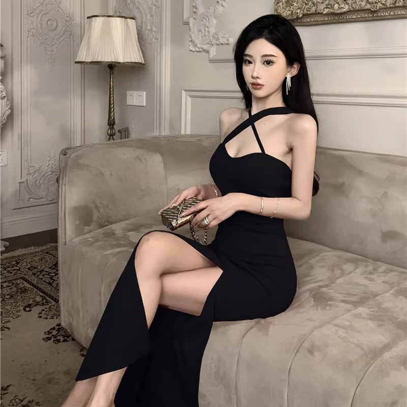 【dress】スリットクロスネックワンピース Q8339