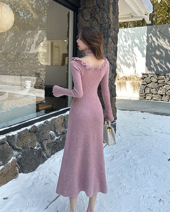 【dress】立体バラ付きニットワンピース Q7051